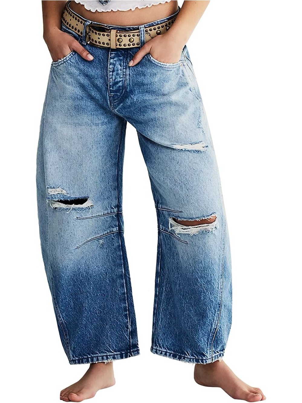 FREE PEOPLE GOOD LUCK MID RISE BARREL JEANS Barnyard Blue